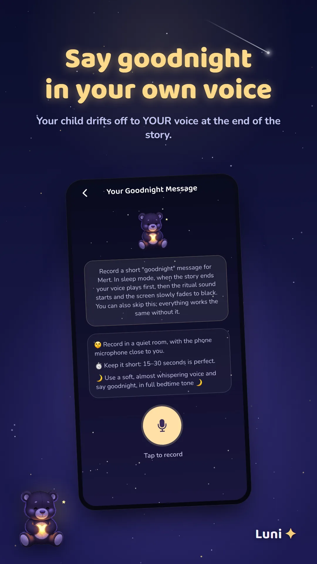 A goodnight voice message recorded by a parent