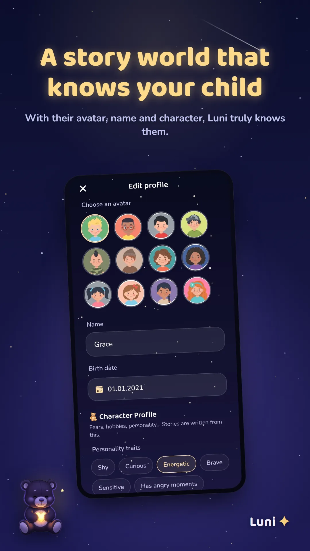 Setting up a child's profile and character